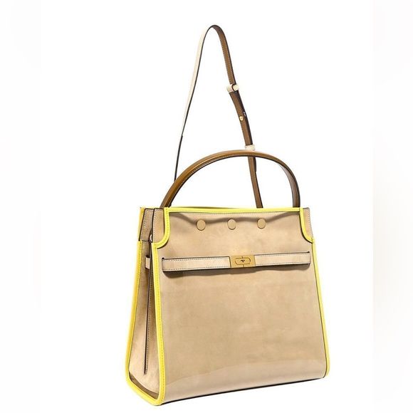 TORY BURCH LEE Radziwill Double Bag in Cream and Yellow with Rain Cover - Picture 9 of 12